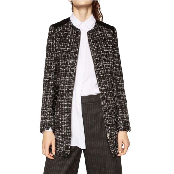 Zara Black Tweed Embellished Faux Leather Contrast Full Zip Coat - Picture 1 of 12